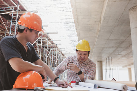 Construction concept of Engineer and Architect working with construction model and blueprint at construction site, Engineer and Architect discussing construction plan at building siteの写真素材