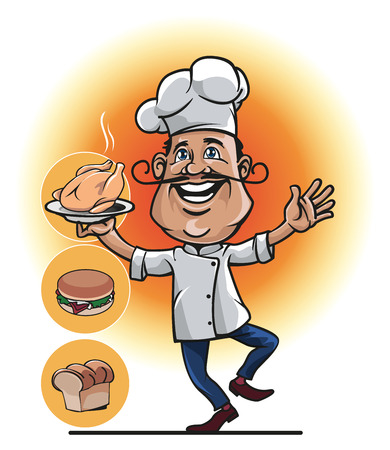Mascot a chef or cook with roasted chicken in his hand and the two other options, namely bread and burgers.のイラスト素材