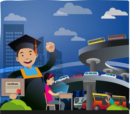 Vector illustration, a boy is celebrating graduation, with a building and overpass or urban atmosphere background.のイラスト素材
