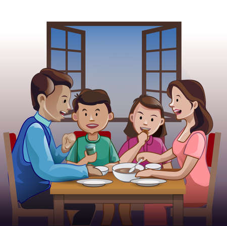 vector illustration, happy family gathering in dining room.のイラスト素材
