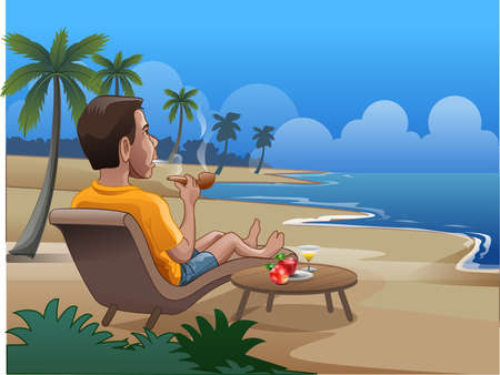 Relaxing by the beach with a smoking pipe in hand, Vector illustration.のイラスト素材