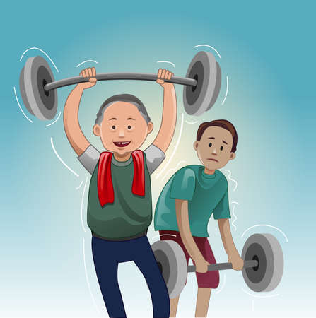 young and old, practicing lifting weights, vector illustration.のイラスト素材