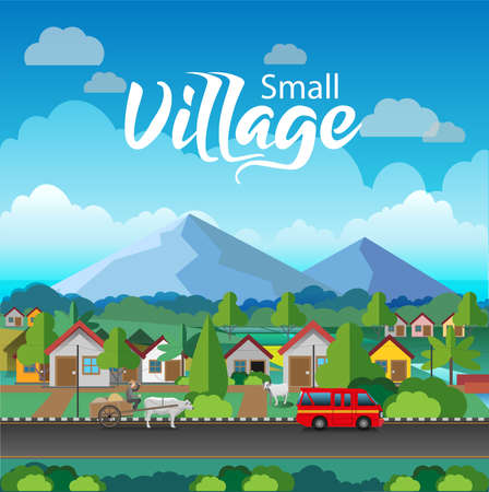 Vector illustration, view of a small village.のイラスト素材