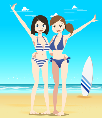 Sexy and beautiful. Tour with two young women friends at the beach. Selfie time. Public relations the tourism sector in character vector.のイラスト素材