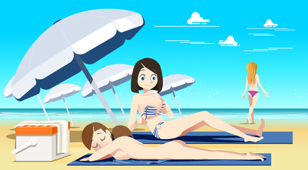 Women sunbathing on nude beach. Men are not permitted. Creating a tan skin. Travel Beauty. Sexy and beautiful.のイラスト素材