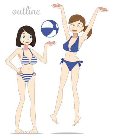 sexy woman happy vacation on the beach. After hard working. Relaxation concept.(Cartoon outline).のイラスト素材