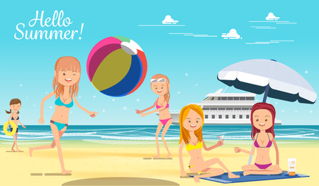 sexy woman wear bikini happy vacation with friend on the beach. Relaxation concept.のイラスト素材