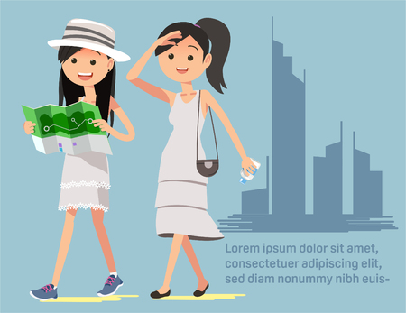 City tour with peace of mind. Self-guided travel concept. Happy holiday and lady lifestyle.のイラスト素材