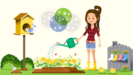 Hello spring. People with simple landscaping in the house. Fun to work garden.のイラスト素材