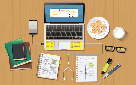 School homework desk top view concept. Planning work. Find information for project. Finding ideas at night.のイラスト素材