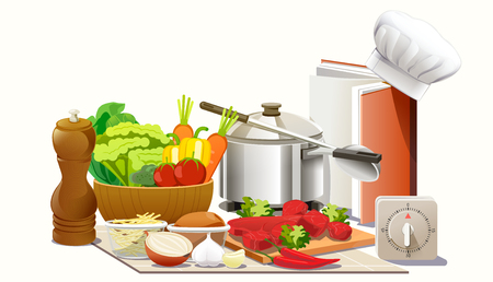 Cooking experiments in the kitchen. Open a creative cookbook to be a chef. Create new dishes.のイラスト素材