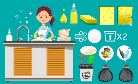 Principles of cleaning the restaurant after eating. Waste sorting. Maid washing dishes and bowls clean. Work with ease. Household product.のイラスト素材