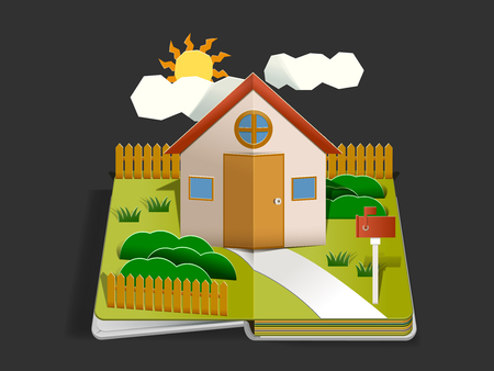 Home Paper cut pop up design concept. Living with happy family in home. Storytelling by book. Basic House idea.のイラスト素材