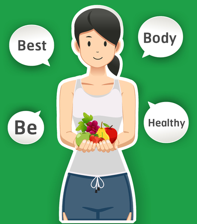 Eating and health care for a beautiful body. Exercises by yourself. Illustrations basic lifestyle with. Home fitness.のイラスト素材