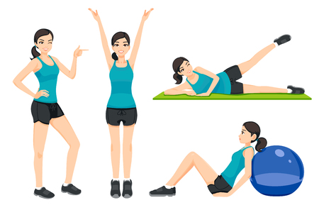 Presentation idea fitness or gym concept women general exercise on their own at home. Lady Basic health care.のイラスト素材