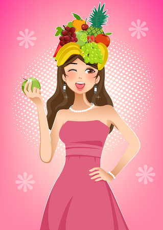 Healthy women And Beautiful skin with vitamins of fruit. Good food from quality products.のイラスト素材