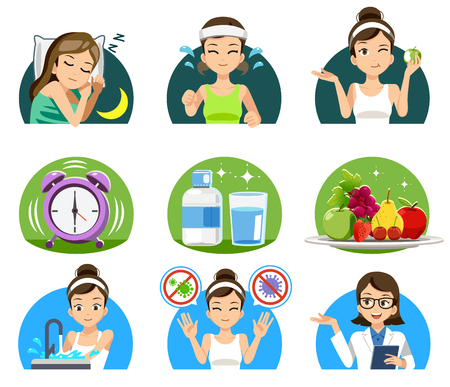 Basic Taking care not to cause acne on the face of lady. Medical advice for women about healthy lifestyle.のイラスト素材