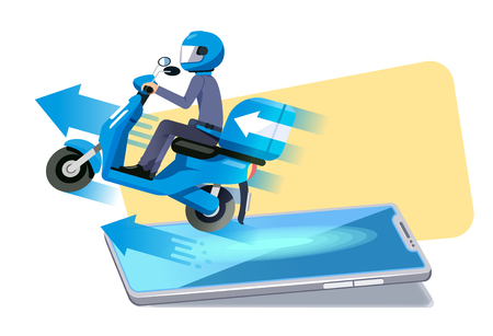 The Easy ordering an online shop goods with smartphone and fast delivery service around city by motorcycle staff.のイラスト素材