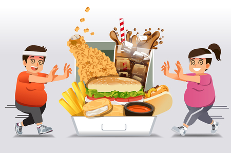Exercise barriers for who Familiar with eating fast food want to lose weight. People give up a diet or exercise and happy return to junk food again. like a fat.のイラスト素材