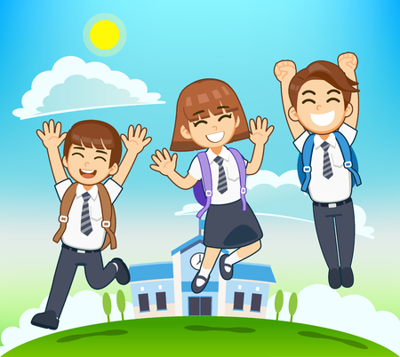 Students ready intend to participate new course. Kids go to school happily.のイラスト素材