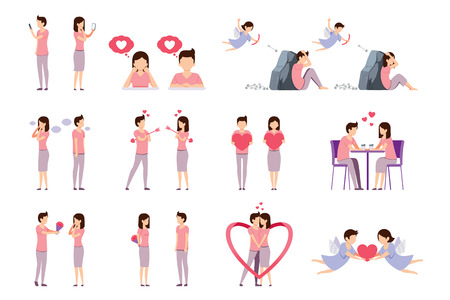 Situations dating of young couples. Feelings of giving love to your loved ones. Desire that is given to each other. Romantic concept.のイラスト素材