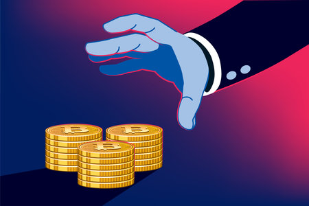 Business man profiting through cryptocurrency unfair methods. Stealing digital money on investment.のイラスト素材