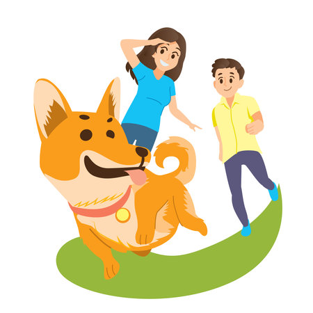 Dog running and having fun with family.のイラスト素材