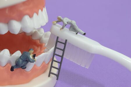 Miniature people or small figure worker cleaning tooth model as medical and healthcare concept.の写真素材