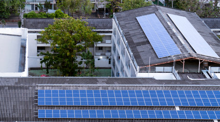 February 3, 2022, high angle building in Suan Dok Hospital, Chiang Mai, Thailand, installing solar panels Clean energy.のeditorial素材
