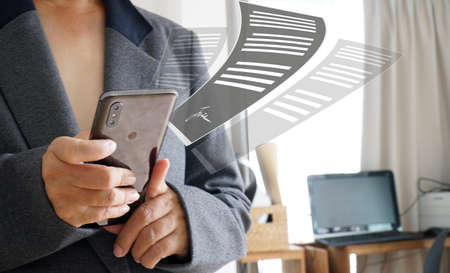 Women reading text on screen, mobile ,via online app.
