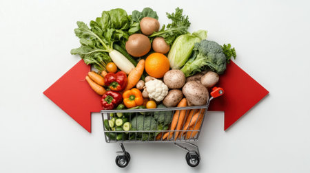 Shopping cart full of fresh vegetables on white background, top view (AI gen.)
