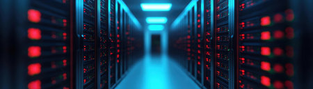Futuristic server room with illuminated racks and a dark corridor, showcasing advanced technology...