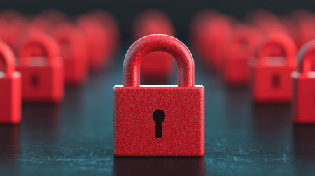 A close-up of a red padlock on a dark surface, symbolizing security and protection.の写真素材