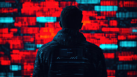 A person in a hoodie is silhouetted against a vibrant digital backdrop with red and blue patterns,...