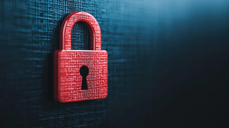 A close-up of a vibrant red padlock against a dark textured background, symbolizing security and protection.の写真素材