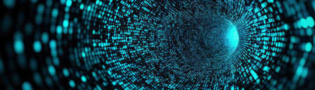Abstract digital tunnel with glowing blue particles and binary code elements creating a futuristic atmosphere.の写真素材