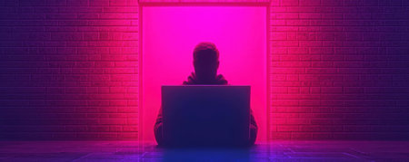 Silhouette of a person working on a laptop with vibrant neon lighting in the background.