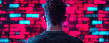 Person observing digital data display, vibrant background of streaming information in red and blue...