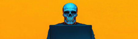 A blue-toned skeleton in a suit working on a laptop against an orange background.の写真素材