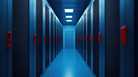 Data center corridor with server racks and blue lighting, creating a futuristic ambiance.