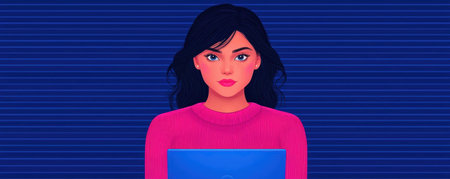 Stylish woman with laptop, colorful attire, focused expression, modern design against a vibrant blue background.の写真素材