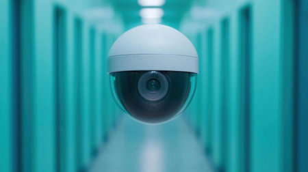 Surveillance camera hanging in a hallway with a modern design and teal lighting.