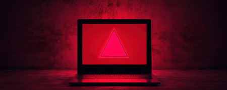 Laptop with a red warning symbol displayed on the screen against a dark background.の写真素材
