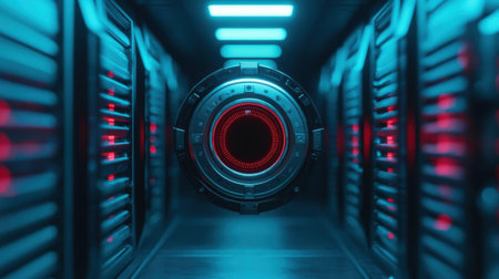 Futuristic server room interior with glowing neon lights 3D renderingの写真素材