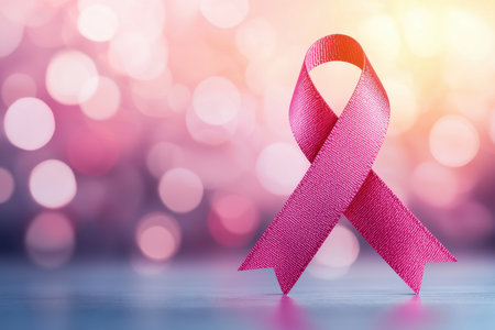 Breast cancer awareness concept. Pink ribbon on bokeh background. (ai gen.)の写真素材
