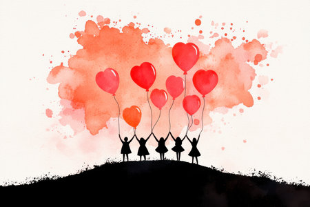 Valentines day greeting card. Silhouettes of figures holding red heart balloons on a hill against a watercolor background.の写真素材