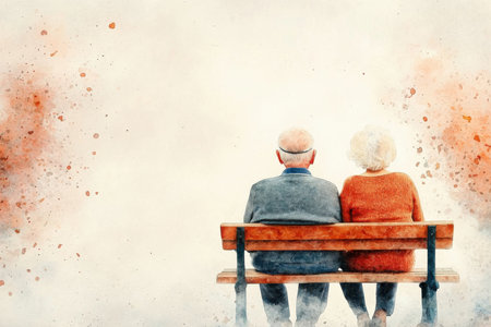 Senior couple sitting on bench against orange paint splashing on white background.  (ai gen.)の写真素材