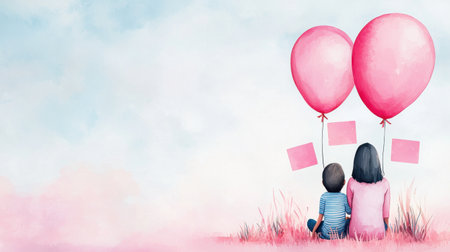 Back view of a girl and boy sitting on grass with pink balloons in the sky.  (ai gen.)の写真素材