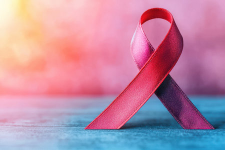 Red awareness ribbon on colorful background. Healthcare and medical concept.