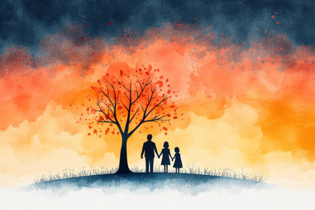 Happy family. Father, mother and daughter in the park. Watercolor illustration. (ai gen.)の写真素材